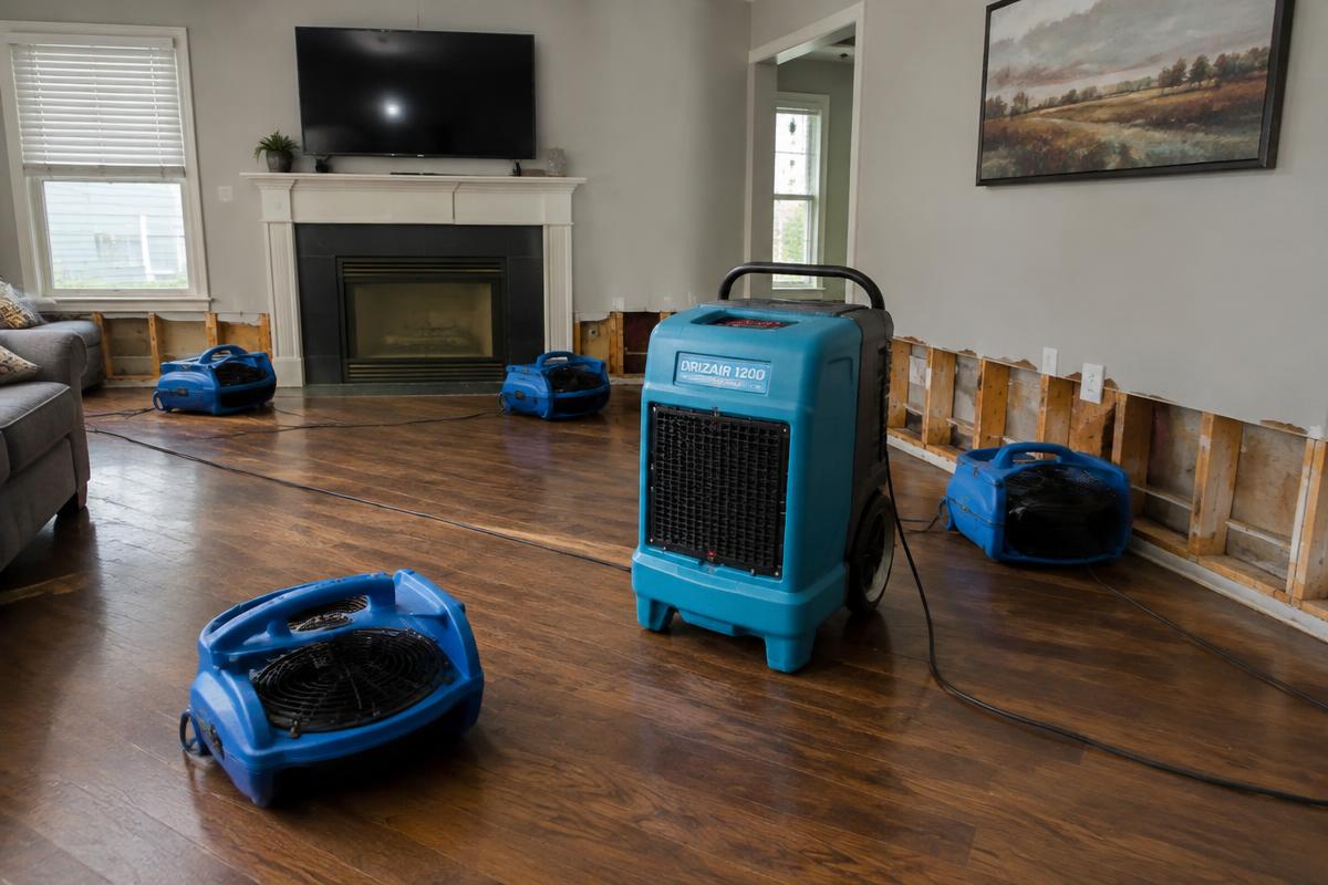 Air movers and dehumidifier drying a living room after water damage